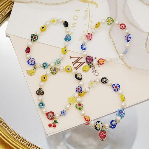 Minar Boho Multi Designs Rainbow Glass Flowers Bracelet for Women Colored Glaze Freshwater Pearls Fruit Beach Bracelets Gift