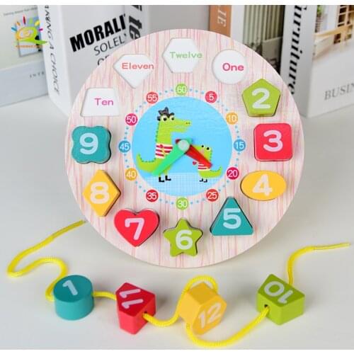 HUIQIBAO Montessori Cartoon Animal Educational Wooden Beaded Geometry Digital Clock Puzzles Gadgets Matching Clock Toys Children