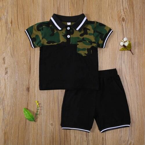Summer 2 Pieces Kids Suit Set Boys Camouflage Print Turn-Down Collar Short Sleeve Shirt+Elasticated Black Shorts 2-6 Years