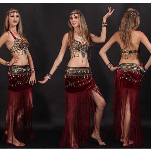 Cheap Women Tribal Belly Dance Costume On Sale 3 Color Perut Tari Kostum, Bellydance Set, Bra & Belt