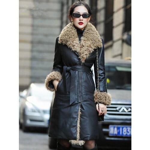 Real Leather Jacket Winter Coat Women Natural Lamb Fur Collar Down Jacket Women Long Sheepskin Coat Chaqueta Mujer MY