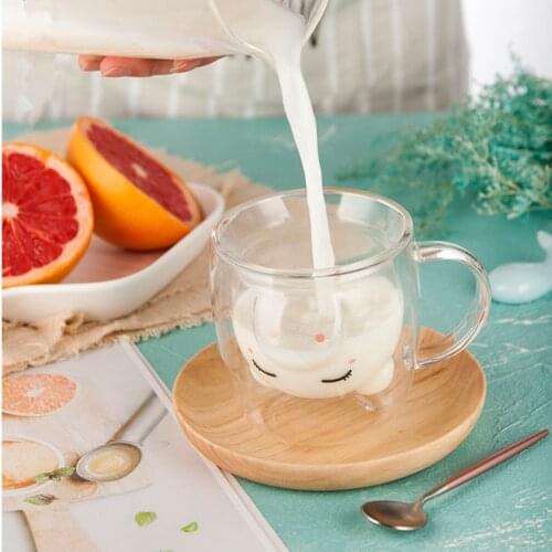 Cute Cartoon Pig Double Wall Glass Heat Insulation Kids Children Breakfast Oatmeal Milk Cup Anti-scald Cafe Coffee Mug Wholesale