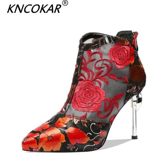 KNCOKAR Fashion Retro Pattern High Heels Temperament Female Pointed Mesh Sandals Summer Mesh Female Hollow Sandals x202017