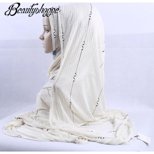 New Arrival Cotton Jersey Muslim Long Scarf Rhinestones Headscarf Islamic Hijab Shawl Arabic Rectangular Headwrap