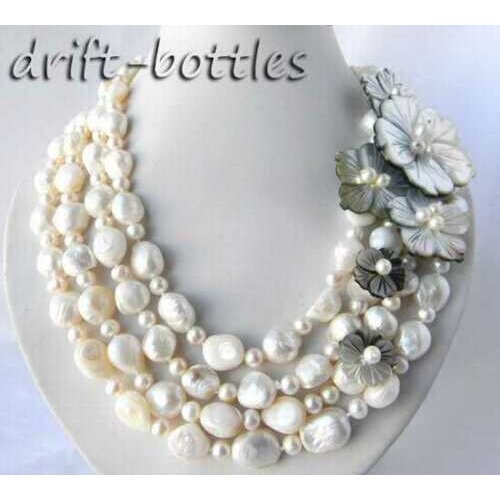 4Strands 18'' 13mm White Round Baroque Freshwater Pearl Shell Flower Necklace