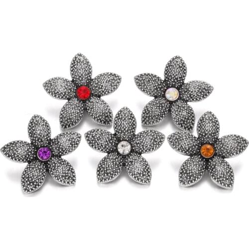 6pcs/lot New Snap Jewelry 18mm Snap Buttons Vintage Metal 18mm Rhinestone Flower Snap Buttons Fit Snap Button Bracelet Necklace