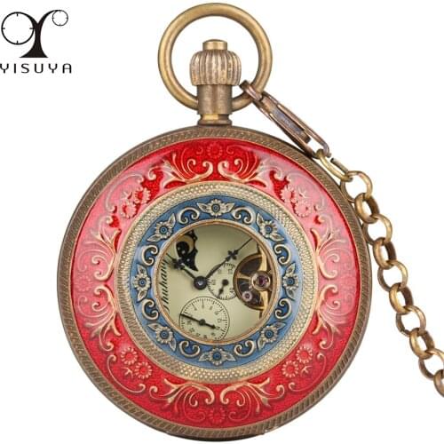 Luxury Brass Tourbillon Automatic Mechanical Pocket Roman Numerals Moon Phase Dial Pendant Antique Pocket Clock Collect Gifts