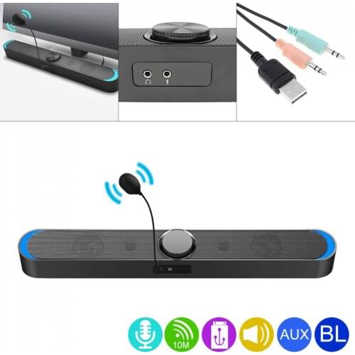 SADA V-198 Soundbars Speaker Universal Mini Strip Speaker Stereo Surround Sound for Household Office with Microphone