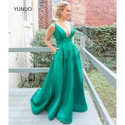 YUNUO Sexy A-line Deep V Neck Long Evening Dress robe de soiree Sleeveless Satin Formal Prom Dress with Pockets Gowns Zipper