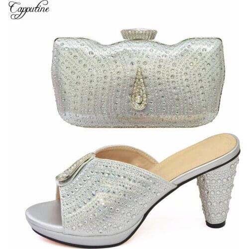 Sliver Woman High Heels Shoes And Clutch Bag Set Italian Design Matching Lady Pumps With Handbag Slippers Purse Sandal CR126 9cm