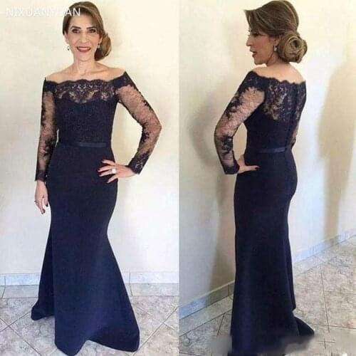 Navy Blue 2021 Mother of The Bride Dresses Mermaid Long Sleeves Lace Plus Size Long Groom Mother Dresses for Weddings