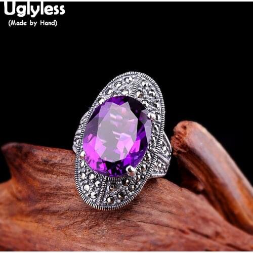 Uglyless Exaggerated Big Size Noble Purple Crystal Rings for Women Party Statement Open Ring Solid 925 Silver Fine Jewelry R890