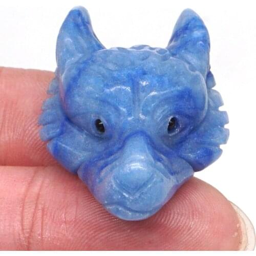 Wolf Head Pendant Natural Gemstone Blue Quartz Figurine Crystal Carved Reiki Healing Necklace Fashion Jewelry 1.5"