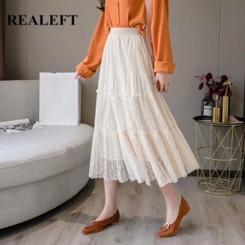 REALEFT Autumn Ladies Lace Skirt Female Fashionable Midi Length Elegant Elastic High Waist Casual Womens A-line Skirt 2021 New