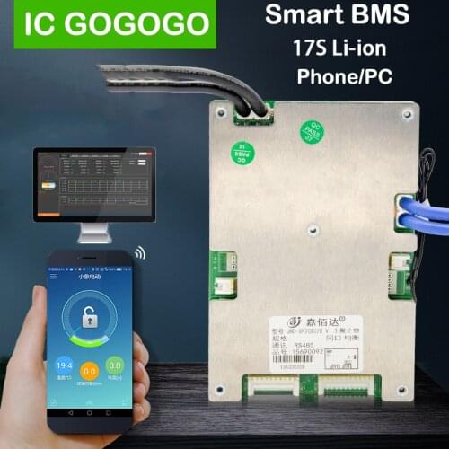 17S Li-ion Lithium Battery Protection Board Phone Bluetooth APP UART 485 Communication PC Monitor 64V Smart BMS 30A 40A 50A 60A