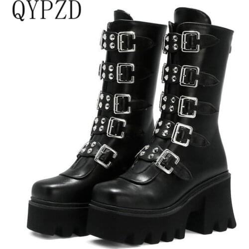 Winter Hot Punk Gothic Calf Boots Women Fashion Black Thick-soled Womens Leather Shoes Winter PU Large Size Military Boots 42