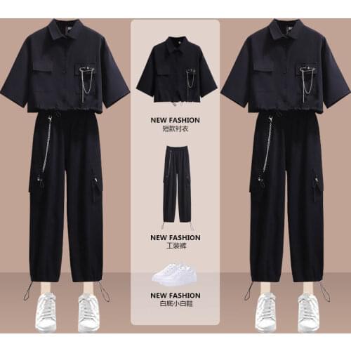 Womens Suit 2021 New Summer Korean Style Loose Design Short Top + High Waist Handsome Overalls Two-piece Woman