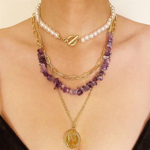 Fashion Exaggerate Multi-layer Colored Stones Coin Chain Choker Necklace For Women Gold Portrait Pendant Clavicle Chain Jewelry