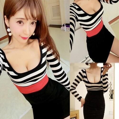 Spring Summer Women Sexy Party Sheath Bodycon Dresses Long Sleeve Low Neck Show Thin Hip Fit fashionable Dress Big Size Vestidos