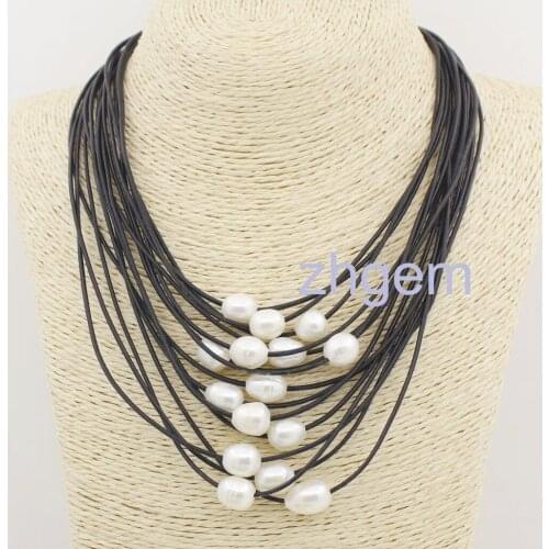 15rows white pink lilac gray black pearl black leather handmade necklace 17"long