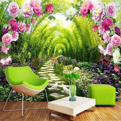 Interior Decoration Self-definition Size 3d Garden Green Lined Flower Door Wall Wall Painting Wallpaper