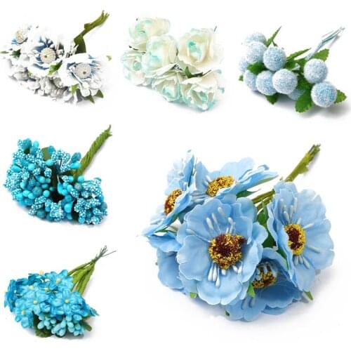 6/10/12/50/60/70/90/144pcs Mixed Blue Flower Cherry Stamen Berries Bundle DIY Christmas Wedding Cake Gift Box Wreaths Decor