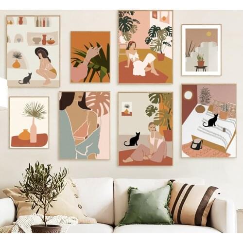 Abstract Female Terracotta Plant Monstera Boho Wall Art Canvas Painting Nordic Posters And Prints Pictures For Living Room Decor