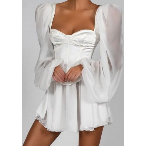 2020 Satin Sexy White Summer Dress Lantern Sleeves Mini Dress Women Bodycon Solid Slim Night Club Party Dress Vestidos