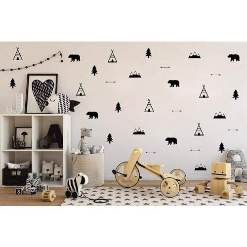 Woodland Wall Decal, Bears Arrow Teepee Tree and Mountain Decor, Matte Vinyl Wall Stickers for Baby Bedroom, Nursery Decor B143