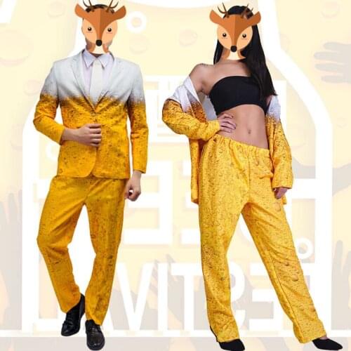 Oktoberfest Suit For Man Women Beer Cosplay Yellow Long Sleeve Jacket Pants Set Halloween Carnival Stage Performance Costumes