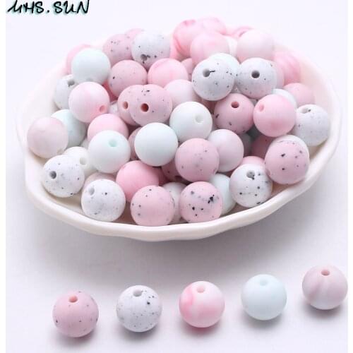 MHS.SUN 12mm/15mm Silicone Beads Teether Marble Color 100PC Round Silicone Beads For Chewing Teething DIY Pacifier Chain Toy