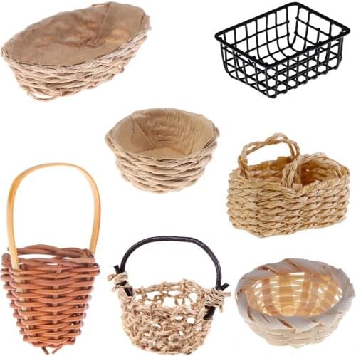 Mini 1:12 Cute Dollhouse Rattan Iron Plastic Frame Hand-woven Vegetable Food Storage Basket Dolls Miniature Decoration
