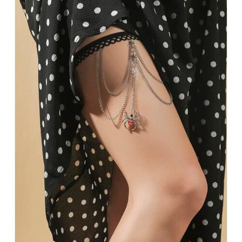 Trendy Female Red Rhinestone Insect Spider Pendants Thigh Chain For Women Silver Color Metal Chain Tassel Leg Chain Body Jewelry