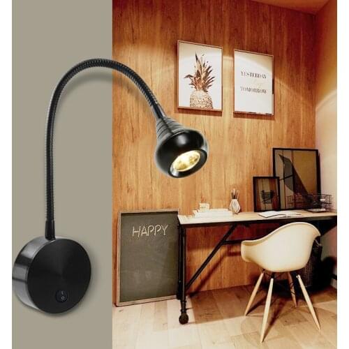 LED Wall lamp Knob Switch 90-260V 3W Modern Bedroom Bedside Lamp Black Silver Light Body 360 Degree Adjustable Indoor Wall light