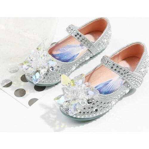 Disney cartoon crystal glass flower girl elsa princess shoes spring new childrens show shiny rhinestone soft sole shoes