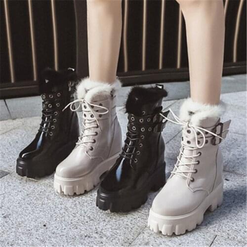 Autumn Winter Warm Leather Chunky Motorcycle Boots Fashion Lace Up Platform Shoes Woman Thick Sole Black Beige Ankle Boots 34-39