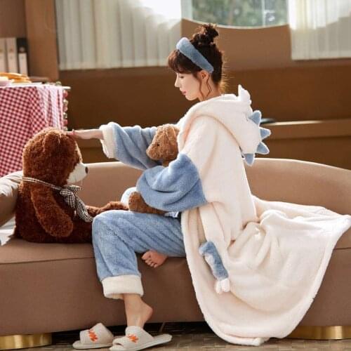 Coral Fleece Pajamas Female Winter Thickened Velvet Students Cute Facecloth Long Robe Autumn and Winter Home Wear Set Sleep Tops