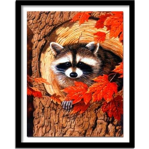 Full round Diamond painting Cross stitch Raccoon full square Diamond maple tree leaves 5D DIY Diamond embroidery autumn