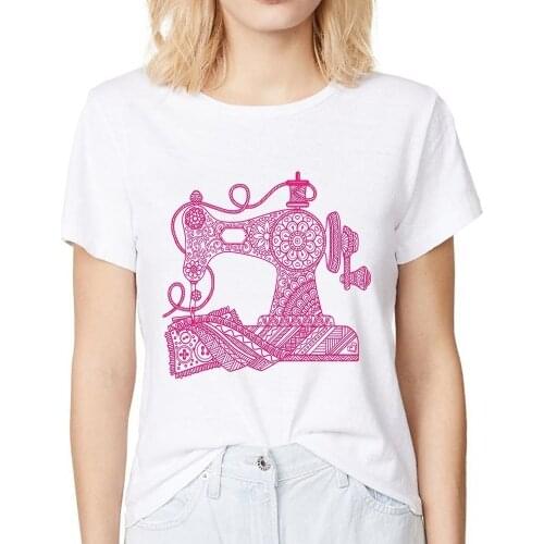Vintage Sewing Machine Zentangle design t shirt women summer new white casual femme cute tshirt