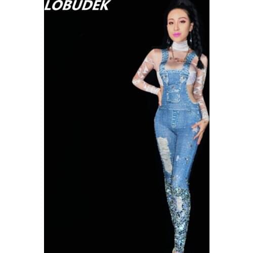 Sparkling Bright Crystals Jeans women Jumpsuit Nightclub Bar Party performance female costume Singer stage DJ sexy star prom