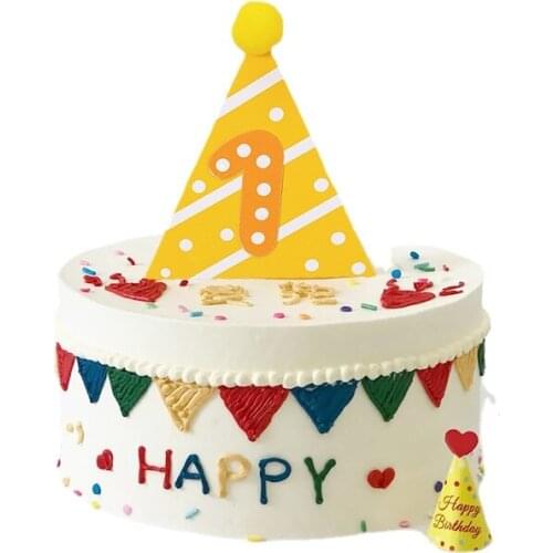 Triangle Hat Paper Cake Topper Happy Birthday Number One Patten With Dot Cake Flag Cake Decorating Supplies For 1 Year Birthday