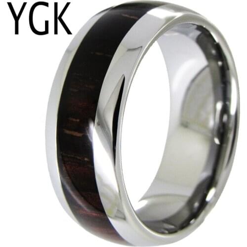 YGK Wedding Jewelry Silver Dome With Red Wood Inlay New Tungsten Rings for Mens Bridegroom Wedding Engagement Anniversary Ring
