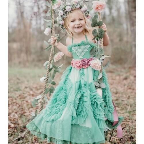 Green Boho Flower Girl Dresses for Wedding Lace Ruffles A Line Girls Birthday Party Gowns Halter First Communion Dress