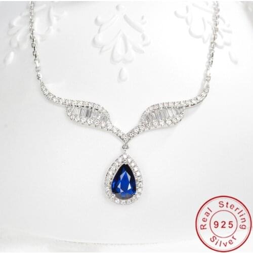 Angel wings Sapphire Diamond Pendant Real 925 Sterling Silver Party Wedding Pendants Necklaces For Women Bridal Charm Jewelry