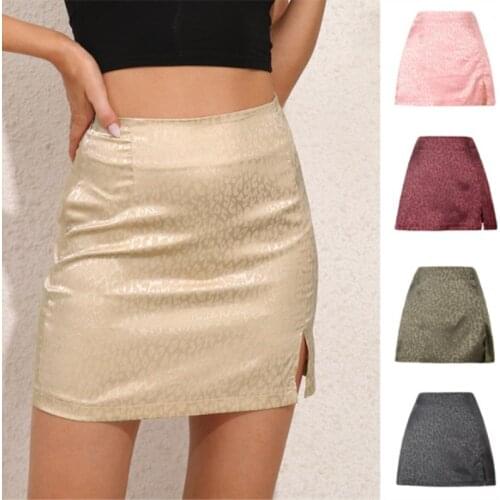 2021 Summer Leopard High Waist Split Skirt Sexy Jacquard Satin Zipper Skirt European American Womens Wear Girl Beige