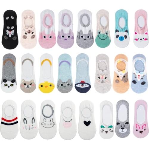 Women Short Socks Funny Animal Cute Silicone Slip Invisible Cotton 35-38 Printed Kawaii Cat Dog Cartoon Rabbit No Show Socks