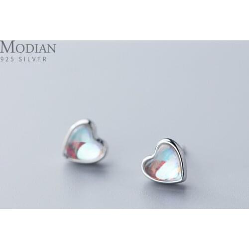 Modian Cute Hearts Stud Earrings for Women 925 Sterling Silver Rainbow Opal Ear Studs Wedding Engagement Statement Jewelry