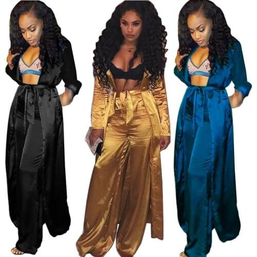 S-2xl Two Piece Lounge Set Women Comfortable Satin With Sash Cardigan And Wide Matching Sets Leg Pants Wholesale Dropshipping