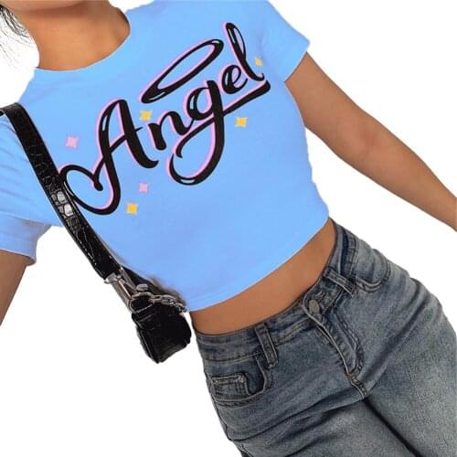 Women Short Sleeve Letter Print Crop Top Summer Fashion Round Neck T-shirt for Ladies