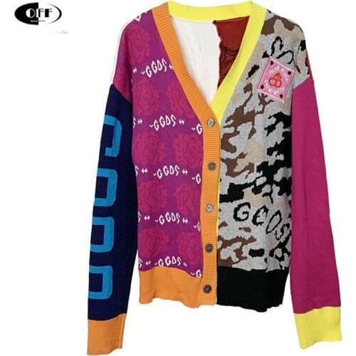 Designer Aesthetic Letter Knit Cardigan Jacket Korean Loose Women Long Sleeve Top V-neck Leopard Knitted Pull Femme Clothes Traf